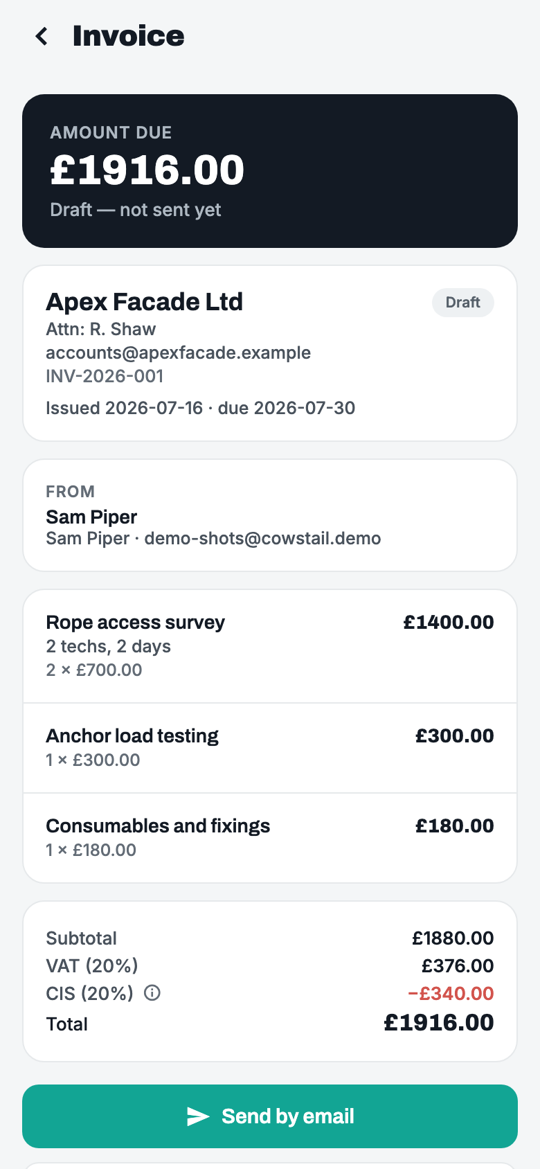 A Cowstail invoice with VAT added and the CIS deduction applied automatically