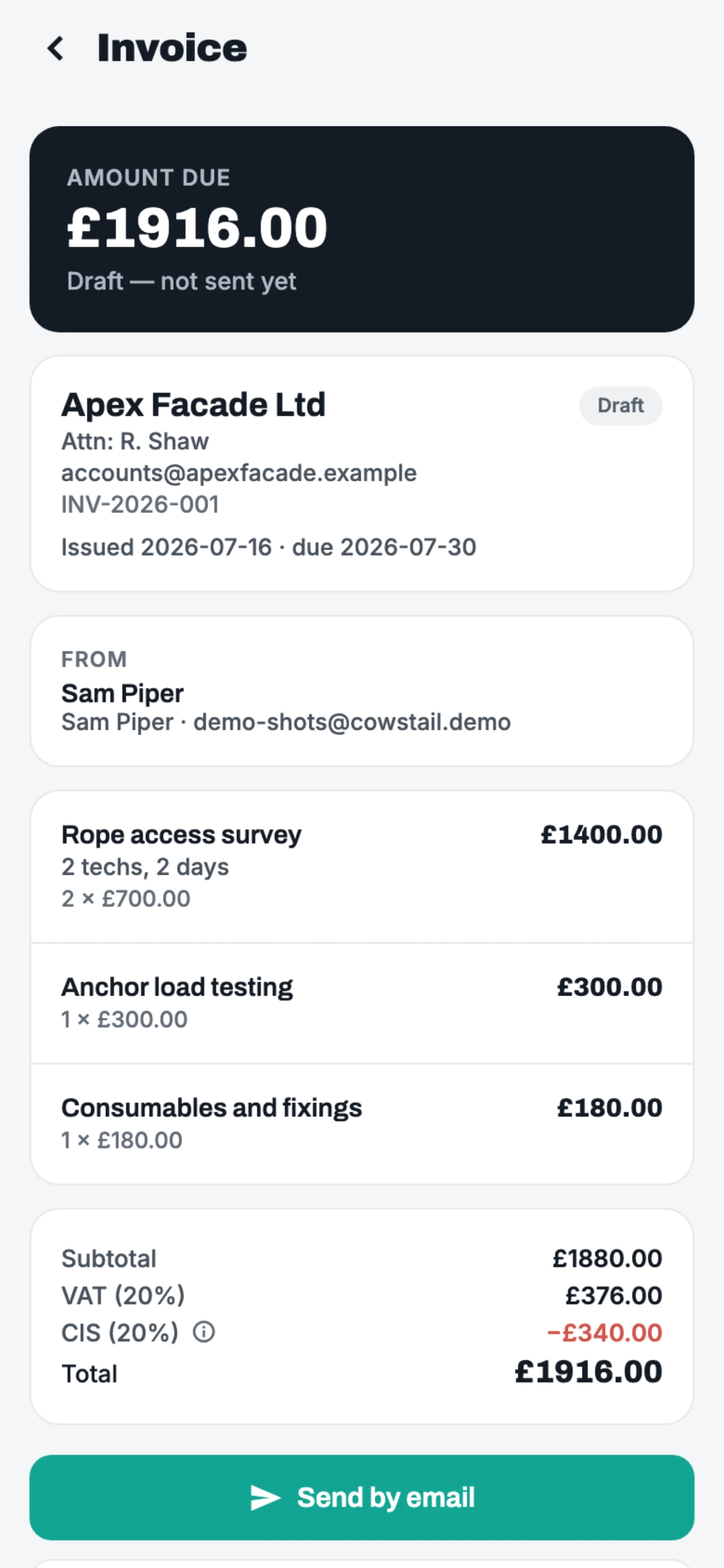 A Cowstail invoice with VAT added and the CIS deduction applied automatically