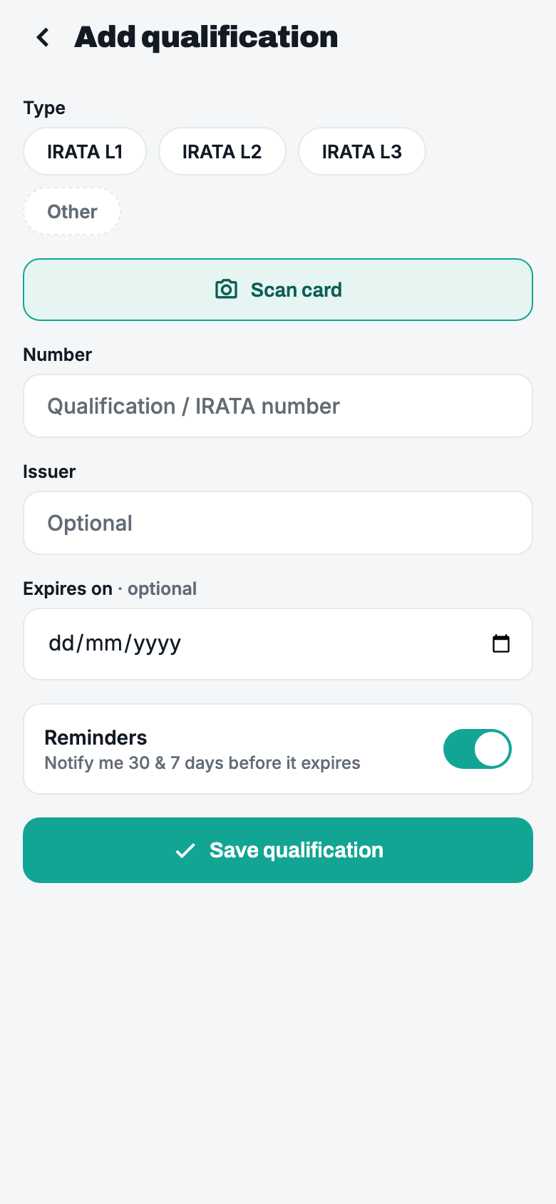 Adding a qualification in Cowstail with the scan-card camera button