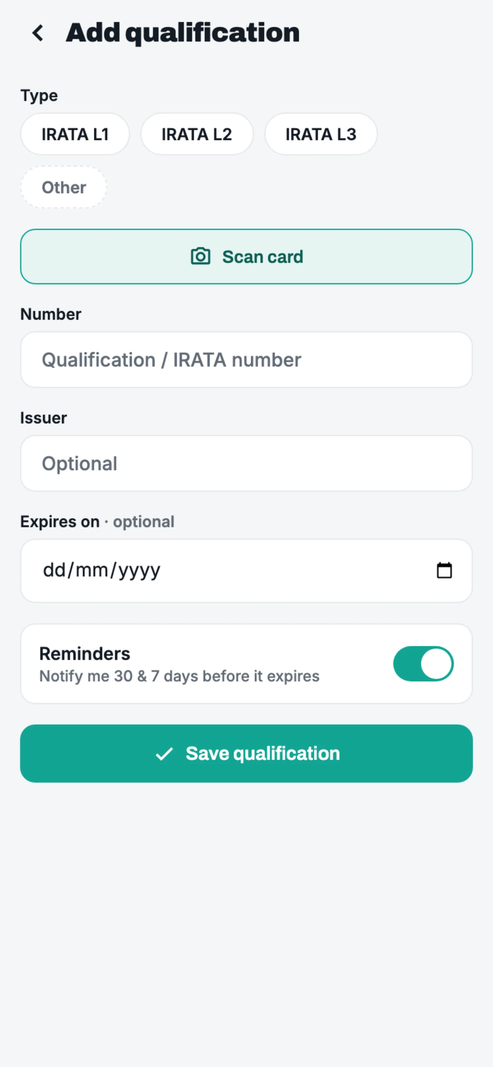 Adding a qualification in Cowstail with the scan-card camera button