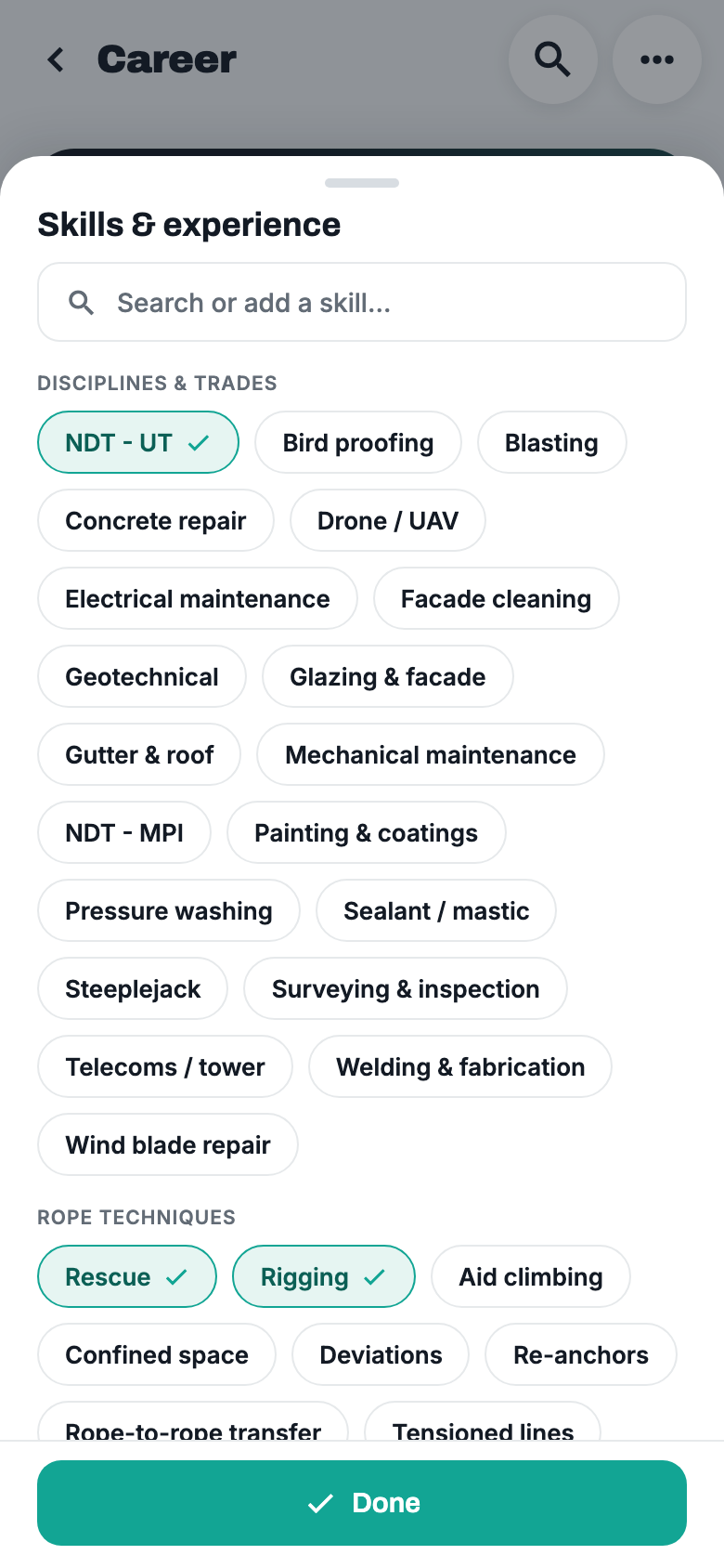 The Cowstail skills library with disciplines, rope techniques, sectors and roles to pick from