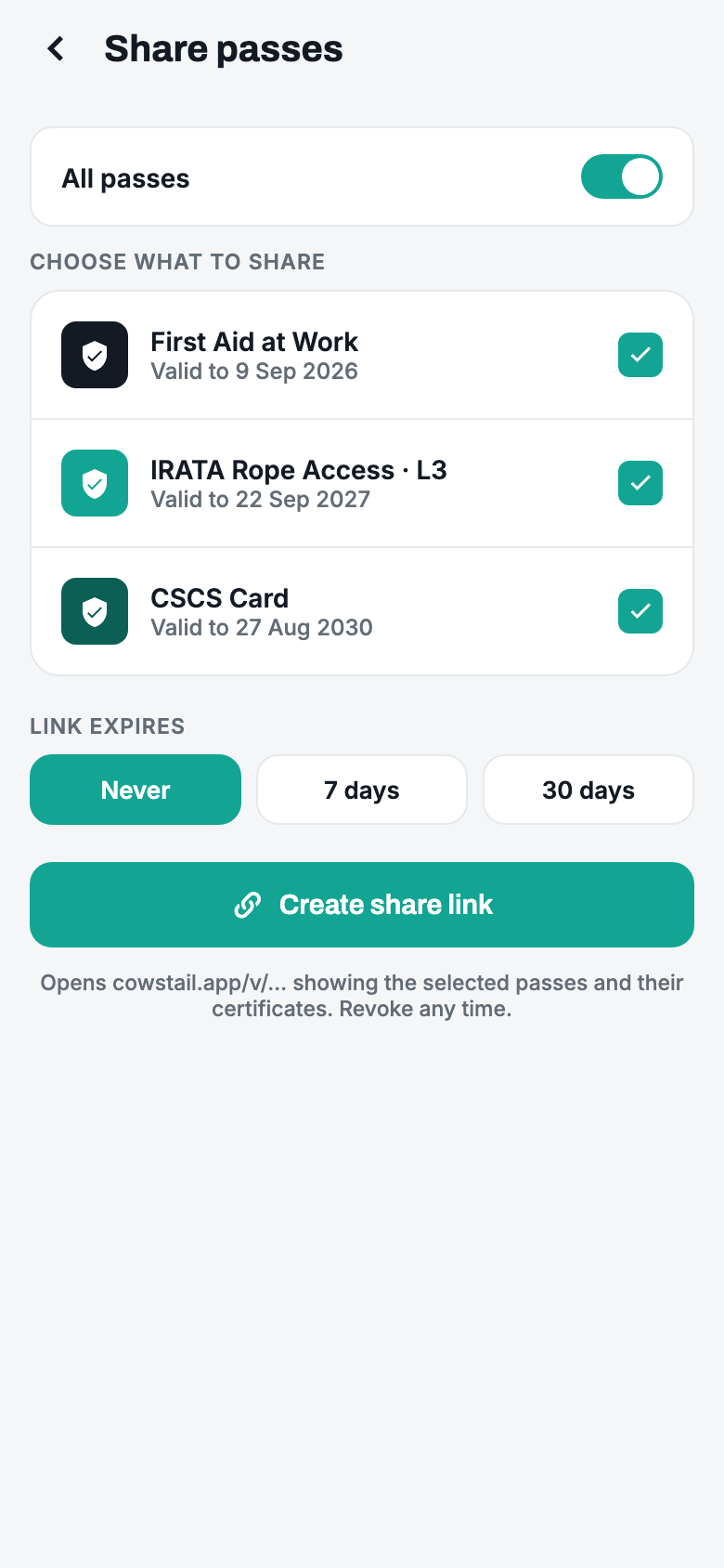 Sharing IRATA, first aid and CSCS passes from the Cowstail cert wallet with one link