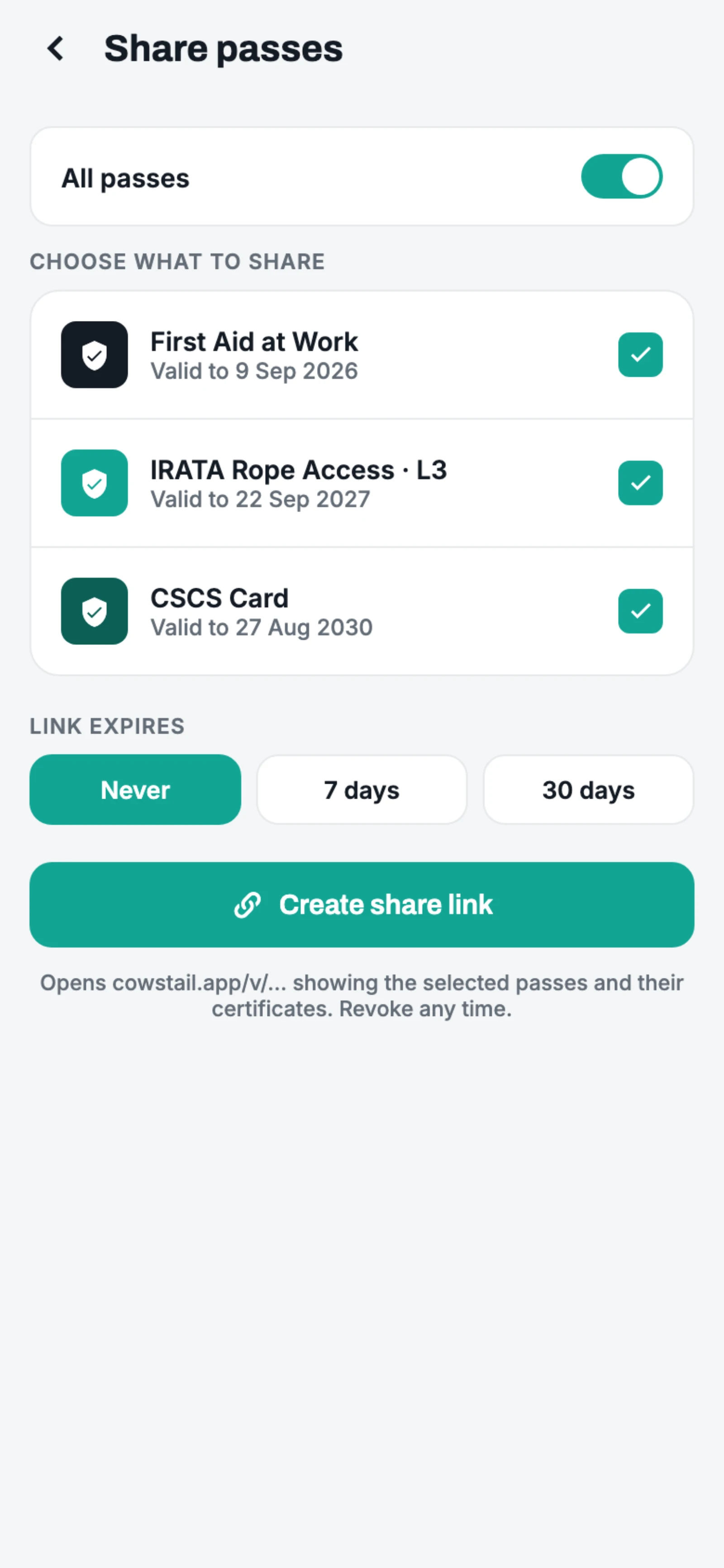Sharing IRATA, first aid and CSCS passes from the Cowstail cert wallet with one link