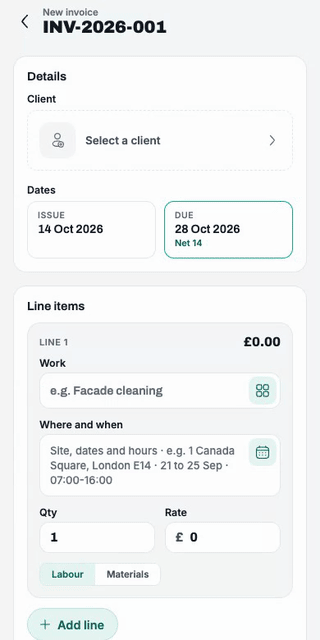 Client, work from your services, days, save, send: about a minute.