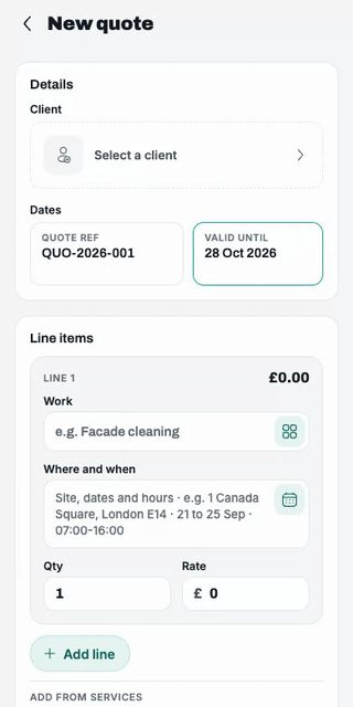 Client, work from your services, days, save, send. The client accepts by link.